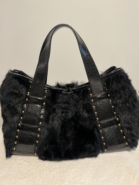 Kenneth Cole Handbags - Kenneth Cole Black Rabbit Fur and leather bag with Studded Trim.